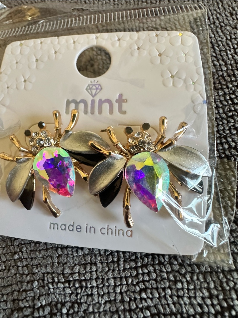 Gold Bee Earrings with Iridescent Teardrop Gems